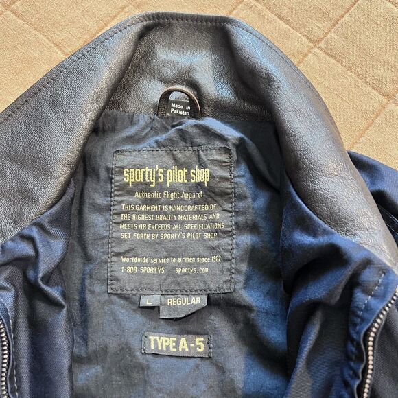 Vtg Sporty's Pilot Shop Navy Blue Flight Bomber Leather Collar  Type A5 Jacket L - Picture 7 of 13